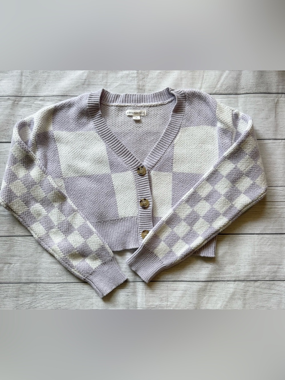 Aéropostale XS Lavender Cream Buffalo Plaid Cropped Cardigan Sweater Soft Knit